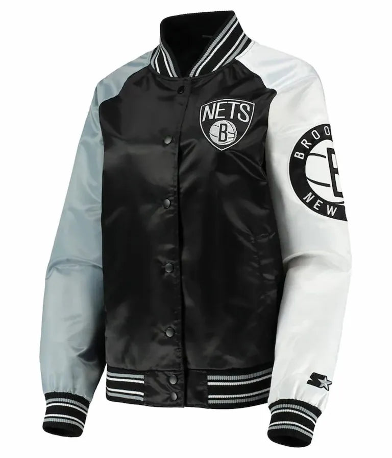 Brooklyn Nets Reliever Raglan Full-Snap Varsity Tri Color Satin Men's Bomber Jacket