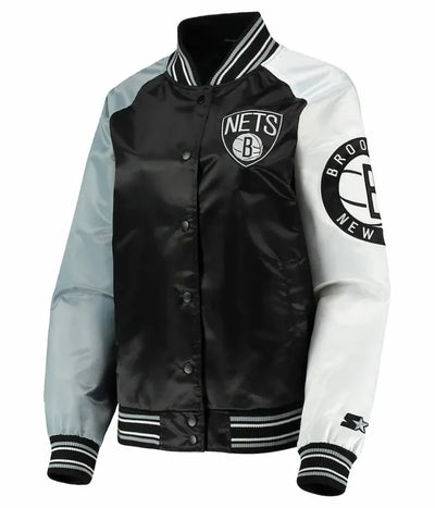 Brooklyn Nets Reliever Raglan Full-Snap Varsity Tri Color Satin Men's Bomber Jacket