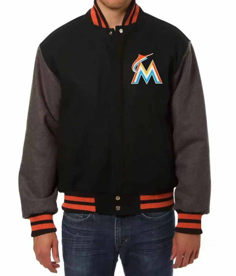 Miami Marlins Two Tone Black and Grey Wool Varsity Men's Jacket
