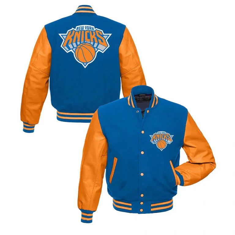 New York Knicks Varsity Blue Wool & Orange Genuine Leather Sleeves Men's Letterman Jacket