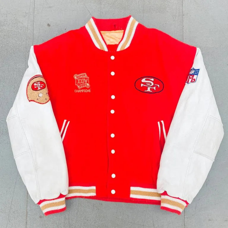 1990 San Francisco 49ers Super Bowl XXIV Champions Red Wool & White Leather Sleeves Varsity Men's Jacket