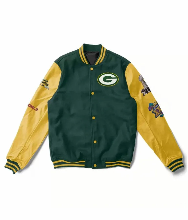 Green Bay Packers Green Wool and Cream Genuine Leather Sleeves Men's Varsity Letterman Jacket