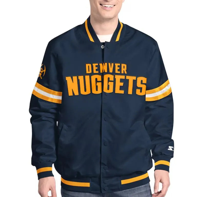 Denver Nuggets Scout Full-Snap Varsity Navy Blue Satin Men's Bomber Jacket