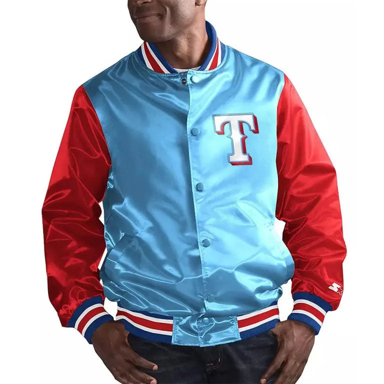 Texas Rangers Top Slugger Full-Snap Light Blue/Red Satin Men's Jacket