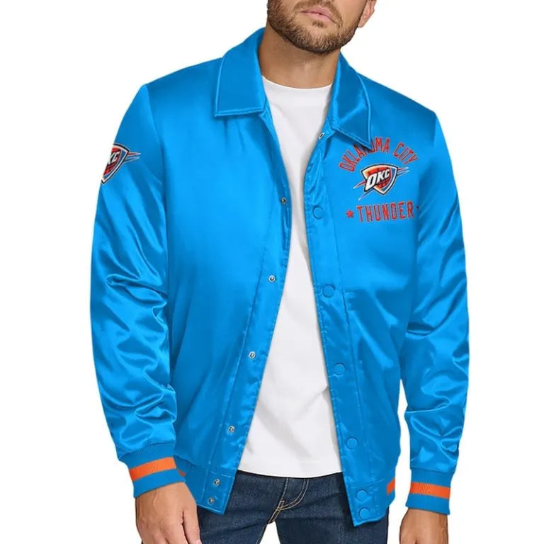 Oklahoma City Thunder Stitch Applique Full-Snap Varsity Blue Satin Men's Bomber Jacket