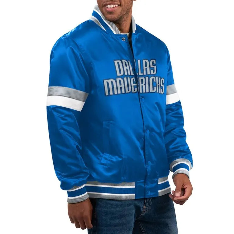 Dallas Mavericks Home Game Full-Snap Varsity Blue Satin Men's Bomber Jacket