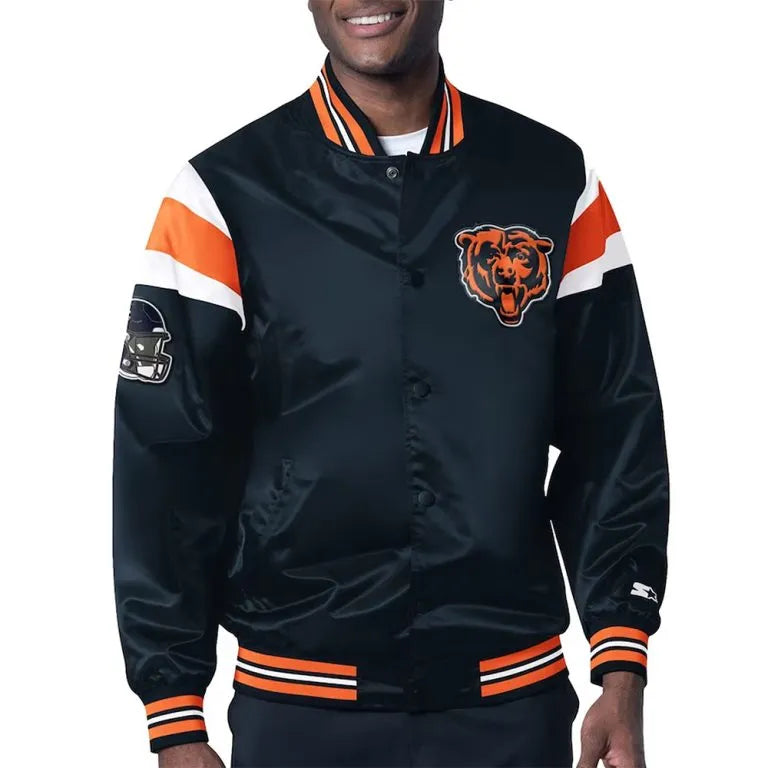 Chicago Bears Midweight Full-Snap Varsity Navy Blue Satin Men's Bomber Jacket