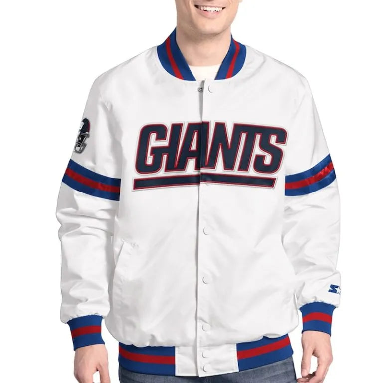 New York Giants Scout Full-Snap Varsity White Satin Men's Bomber Jacket