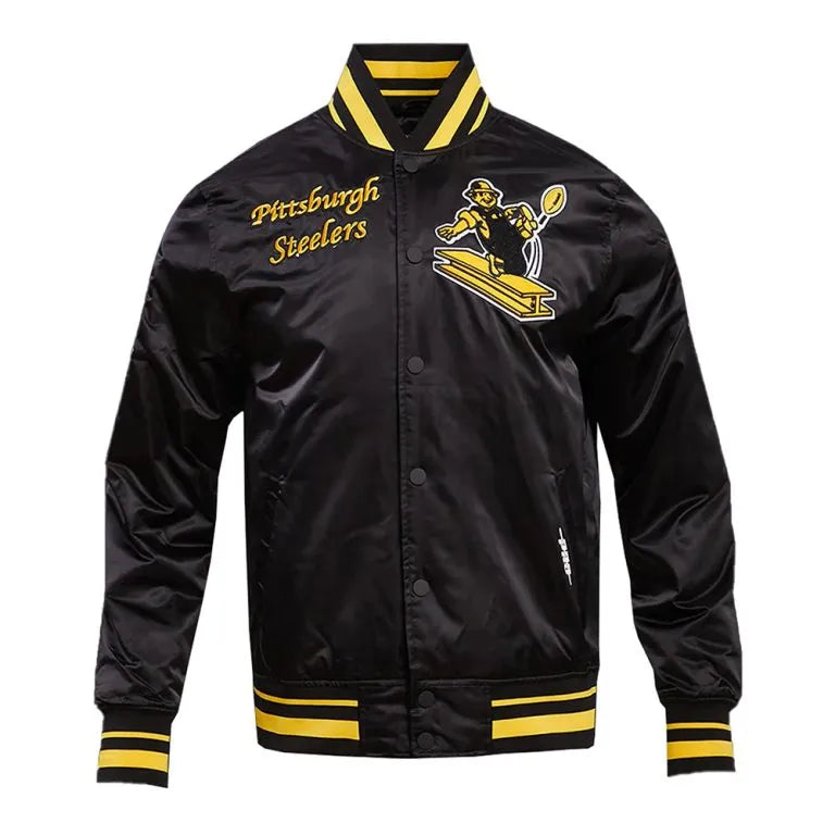 Pittsburgh Steelers Retro Classic Rib Full-Snap Varsity Black Satin Men's Bomber Jacket