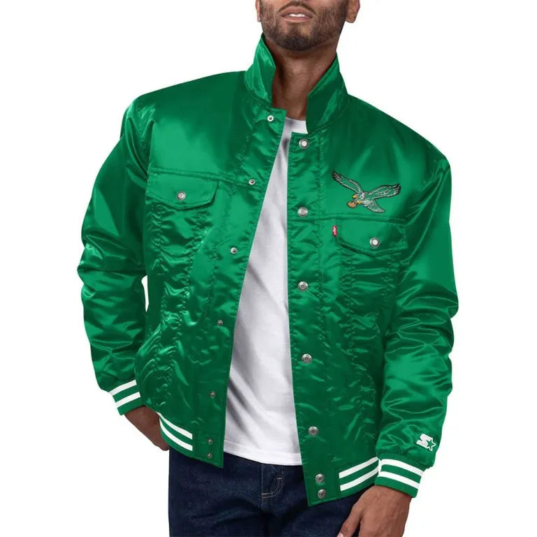 Philadelphia Eagles Silver Tab Trucker Full-Snap Varsity Green Satin Men's Bomber Jacket