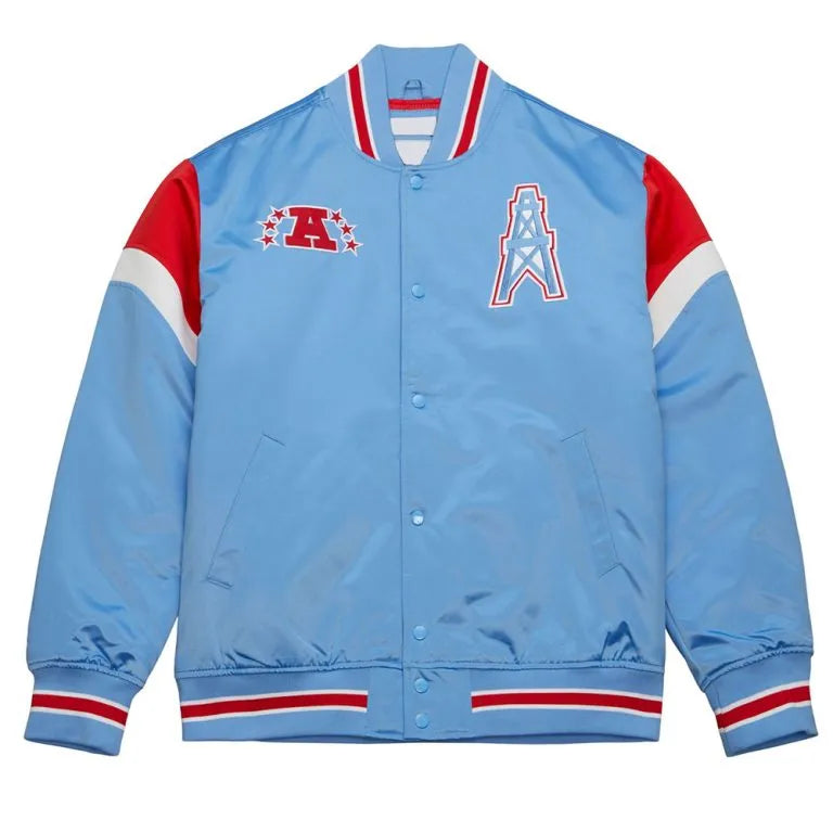 Houston Oilers Heavyweight Full-Snap Varsity Light Blue Satin Men's Bomber Jacket