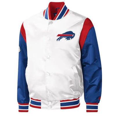 Buffalo Bills Throwback Warm Up Pitch Full-Snap Varsity Blue and White Satin Men's Jacket