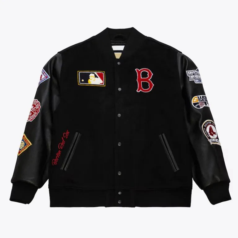 Boston Red Sox Black Out Wool and Genuine Leather Sleeves Full-Snap Varsity Men's Jacket