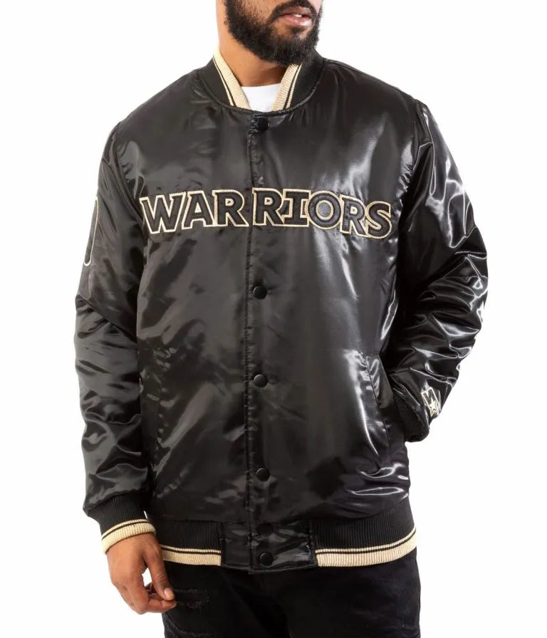 Golden State Warriors Full-Snap Varsity Black/Gold Satin Men's Bomber Jacket