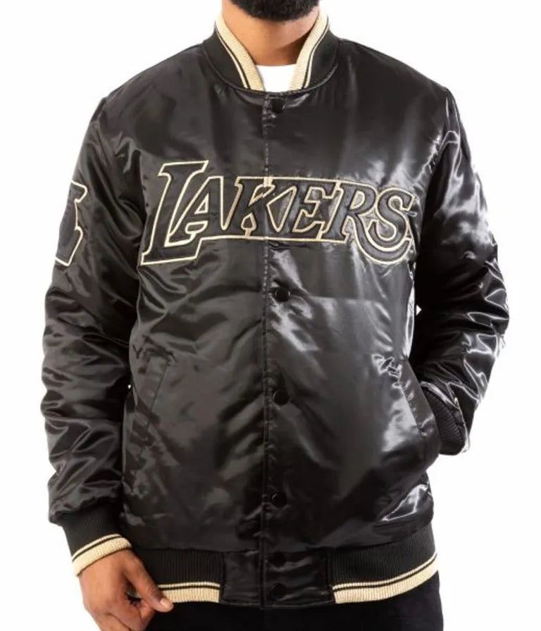Los Angeles Lakers Full-Snap Varsity Black/Gold Satin Men's Bomber Jacket