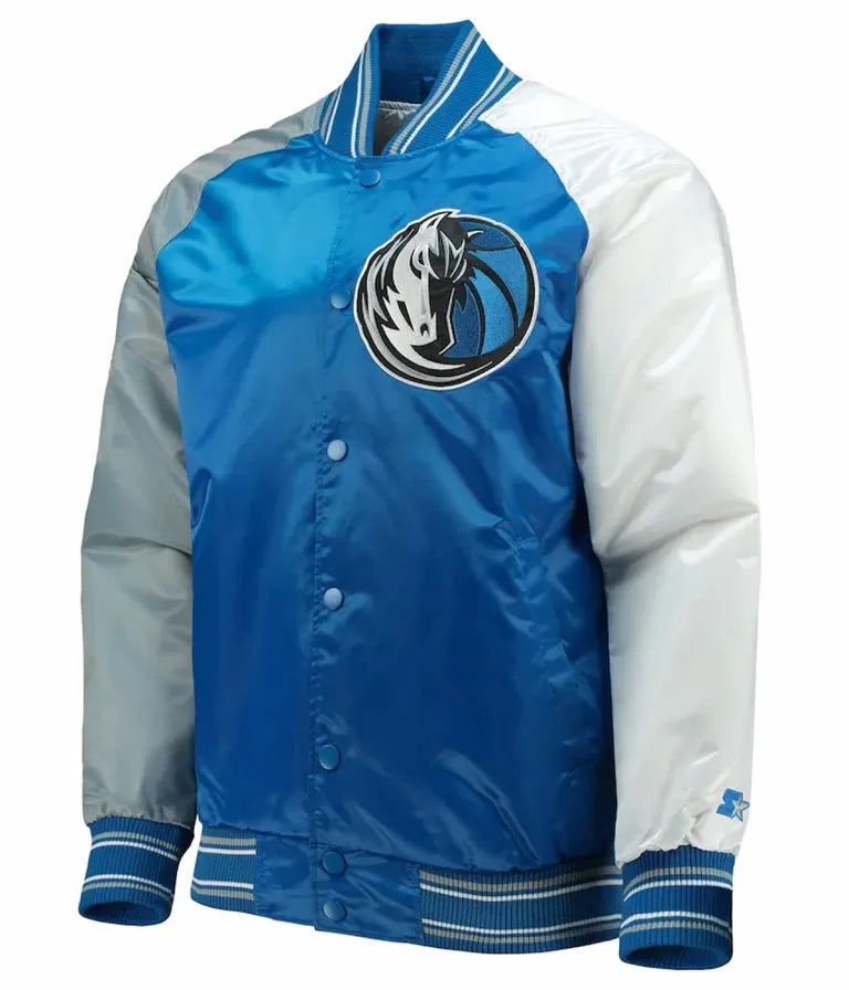 Dallas Mavericks Reliever Full-Snap Varsity Tri Color Satin Men's Bomber Jacket