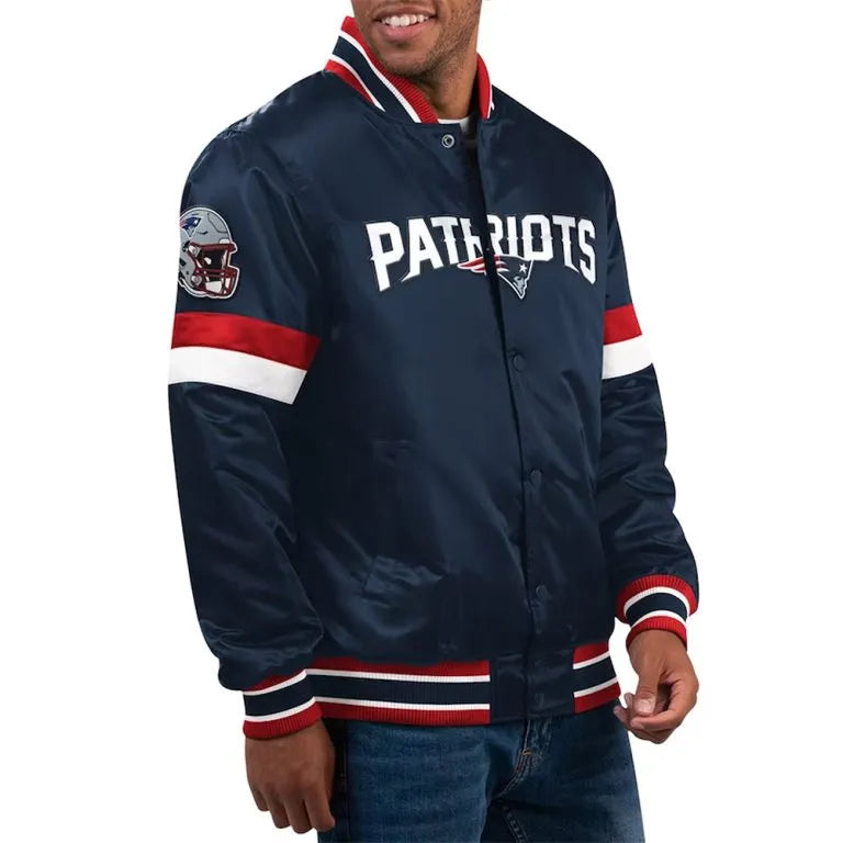 New England Patriots Home Game Full-Snap Varsity Navy Blue Satin Men's Bomber Jacket