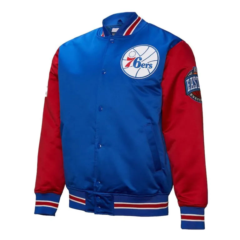 Philadelphia 76ers Full-Snap Varsity Royal Blue and Red Satin Men's Bomber Jacket