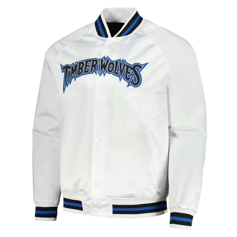 Minnesota Timberwolves Hardwood Classics Full-Snap Varsity White Satin Men's Bomber Jacket