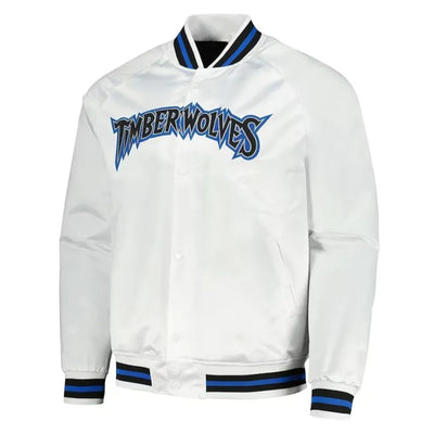 Minnesota Timberwolves Hardwood Classics Full-Snap Varsity White Satin Men's Bomber Jacket