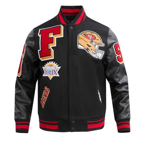 San Francisco 49ers Mash Up Retro Classic Black Wool & Genuine Leather Sleeves Men's Varsity Letterman Jacket