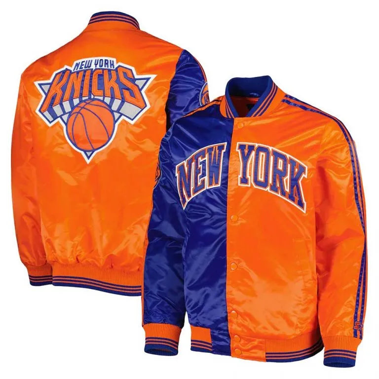 New York Knick Fast Break Full-Snap Varsity Blue/Orange Satin Men's Bomber Jacket