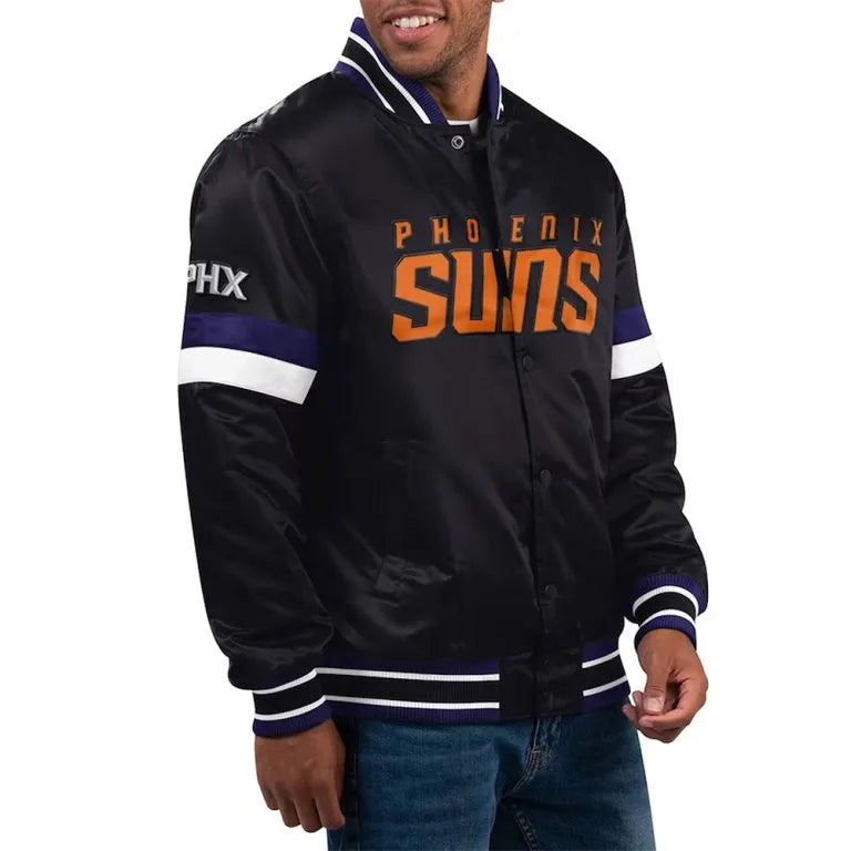 Phoenix Suns Home Game Full-Snap Varsity Black Satin Men's Bomber Jacket