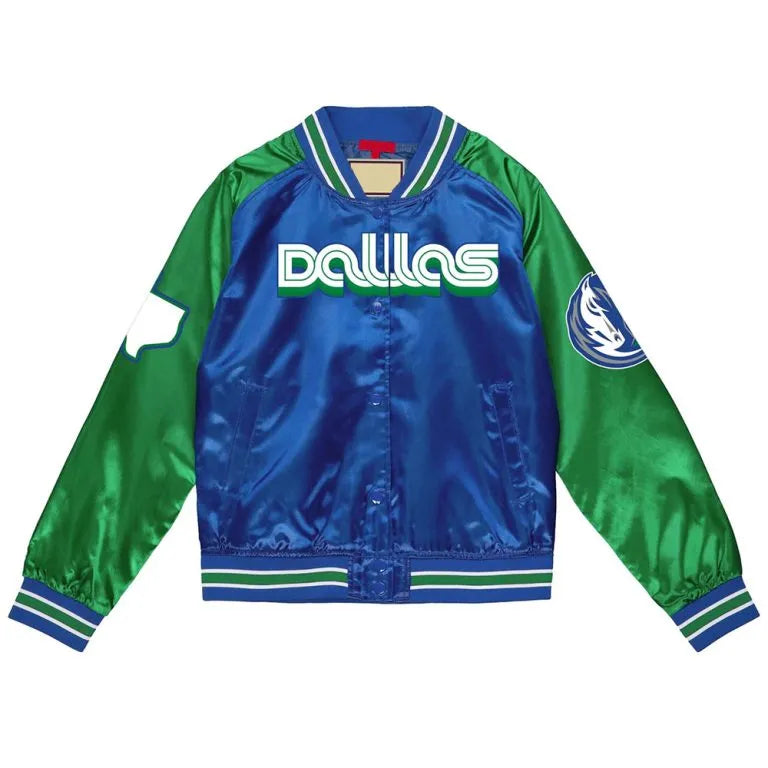 Dallas Mavericks City Edition Lightweight Full-Snap Varsity Blue/Green Satin Men's Bomber Jacket