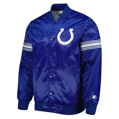 Indianapolis Colts Pick and Roll Full-Snap Varsity Royal Blue Satin Men's Bomber Jacket
