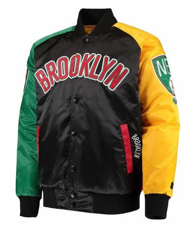 Brooklyn Nets Ty Mopkins Full-Snap Varsity Tri Color Satin Men's Bomber Jacket
