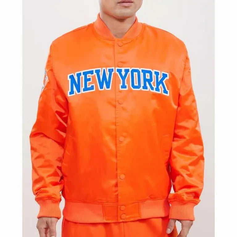 New York Knick Wordmark Full-Snap Varsity Royal Blue/Orange Satin Men's Bomber Jacket