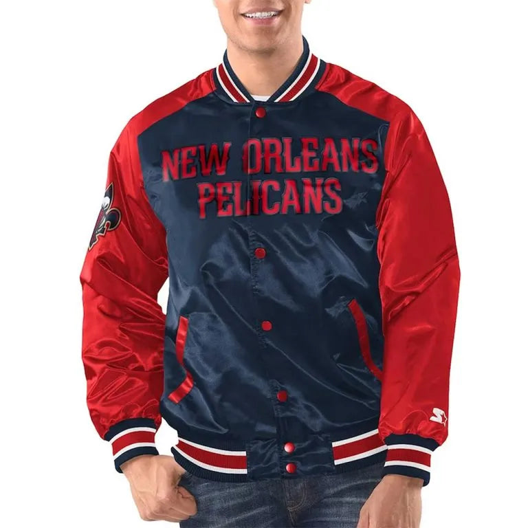 New Orleans Pelicans Renegade Full-Snap Varsity Red and Navy Blue Satin Men's Bomber Jacket