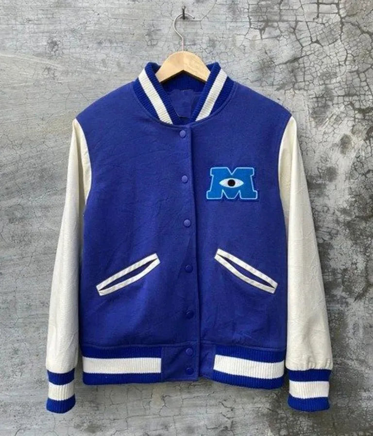 Monsters University James Sullivan Blue Wool & Off White Genuine Leather Sleeves Men's Letterman Varsity Jacket