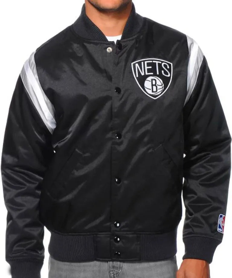 Brooklyn Nets Full-Snap Varsity Black Satin Men's Bomber Jacket