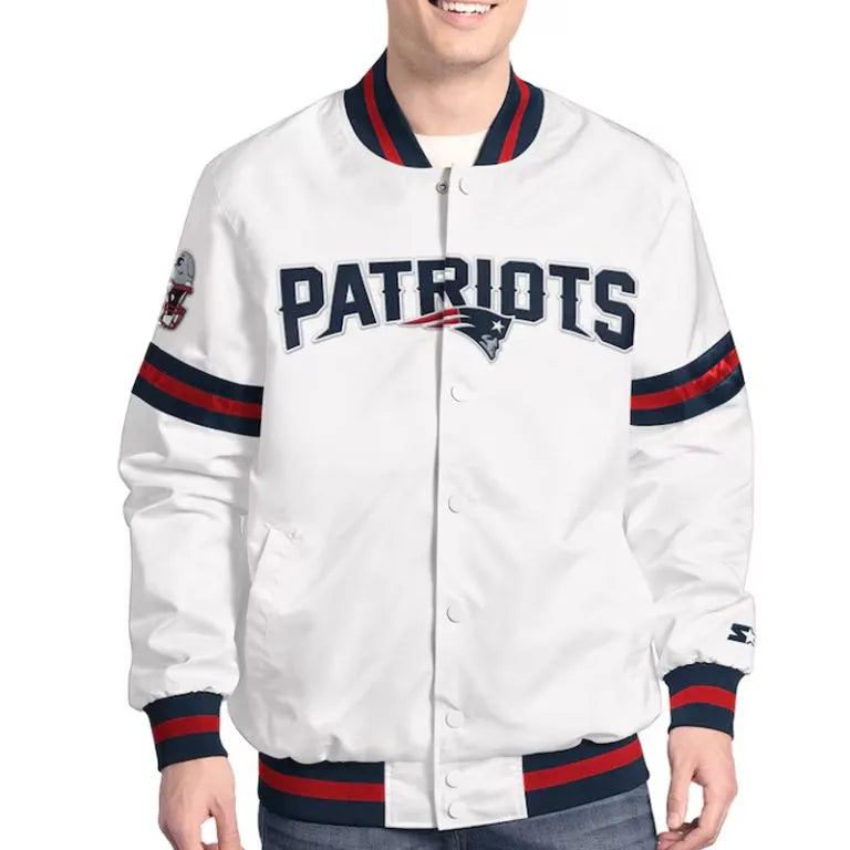 New England Patriots Scout Full-Snap Varsity White Satin Men's Bomber Jacket