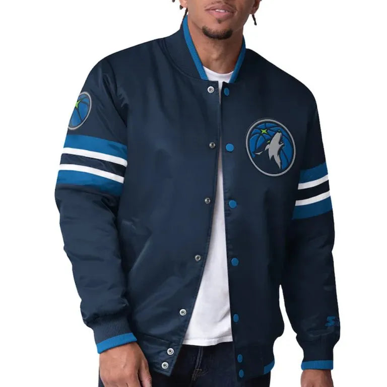 Minnesota Timberwolves Scout I Full-Snap Varsity Navy Blue Satin Men's Bomber Jacket