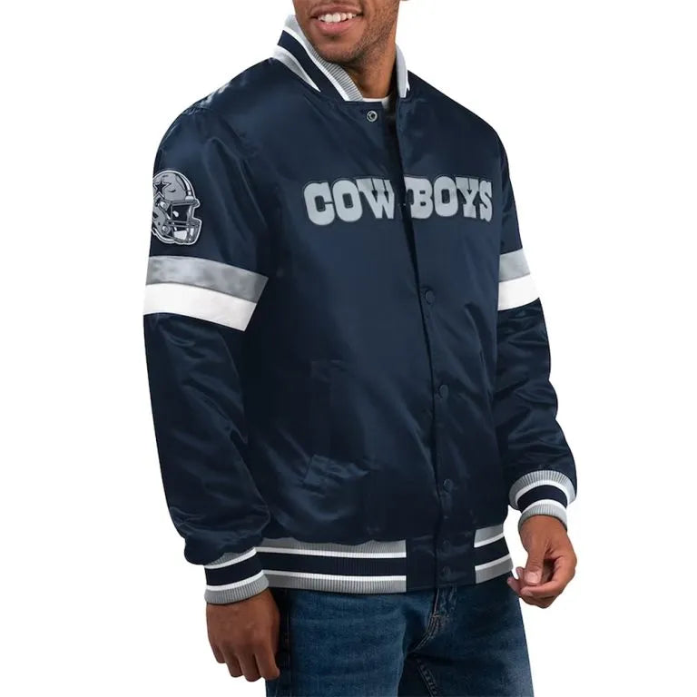 Dallas Cowboys Home Game Full-Snap Varsity Navy Blue Satin Men's Bomber Jacket