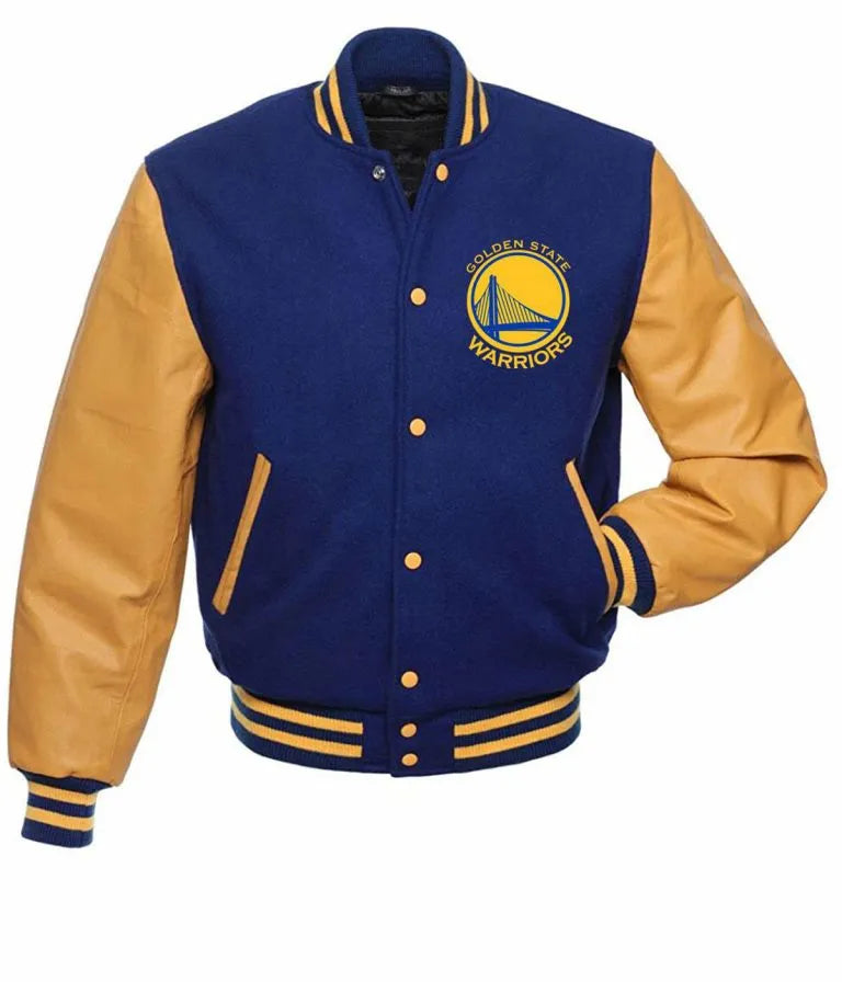 Golden State Warriors Domestic Varsity Blue Wool & Yellow Genuine Leather Sleeves Men's Bomber Jacket