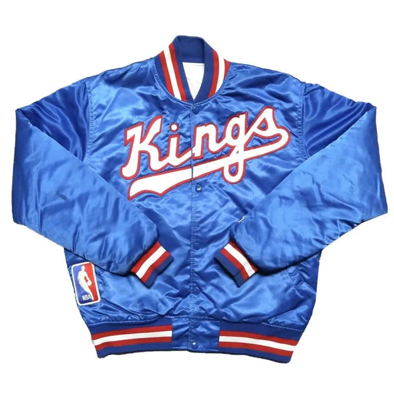 90’s Sacramento Kings Full-Snap Varsity Royal Blue Satin Men's Bomber Jacket
