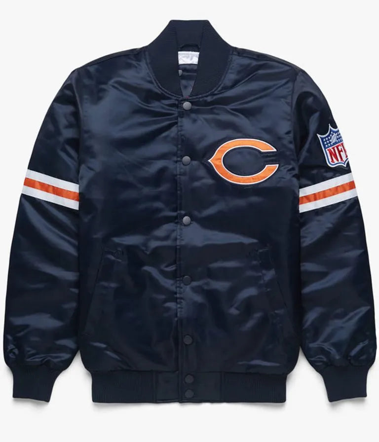 Chicago Bears Full-Snap Varsity Navy Blue Satin Men's Bomber Jacket