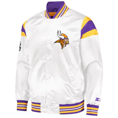 Minnesota Vikings Midweight Full-Snap Varsity White Satin Men's Bomber Jacket