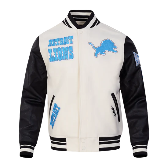 Detroit Lions Off White Wool & Black Genuine Leather Sleeves Men's Varsity Jacket