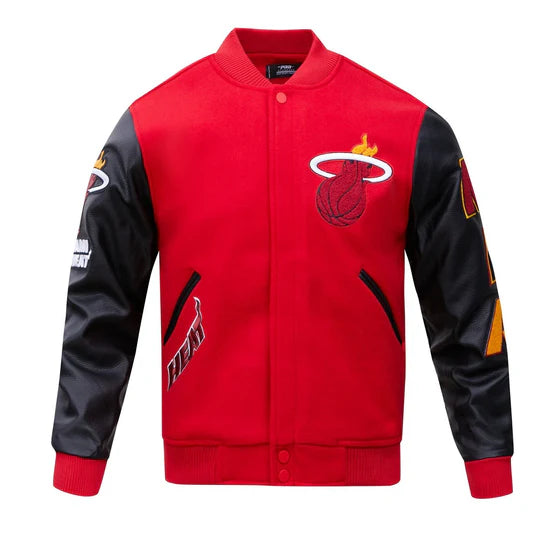 Miami Heat Mashup Logo Varsity Red Wool & Black Genuine Leather Sleeves Men's Jacket