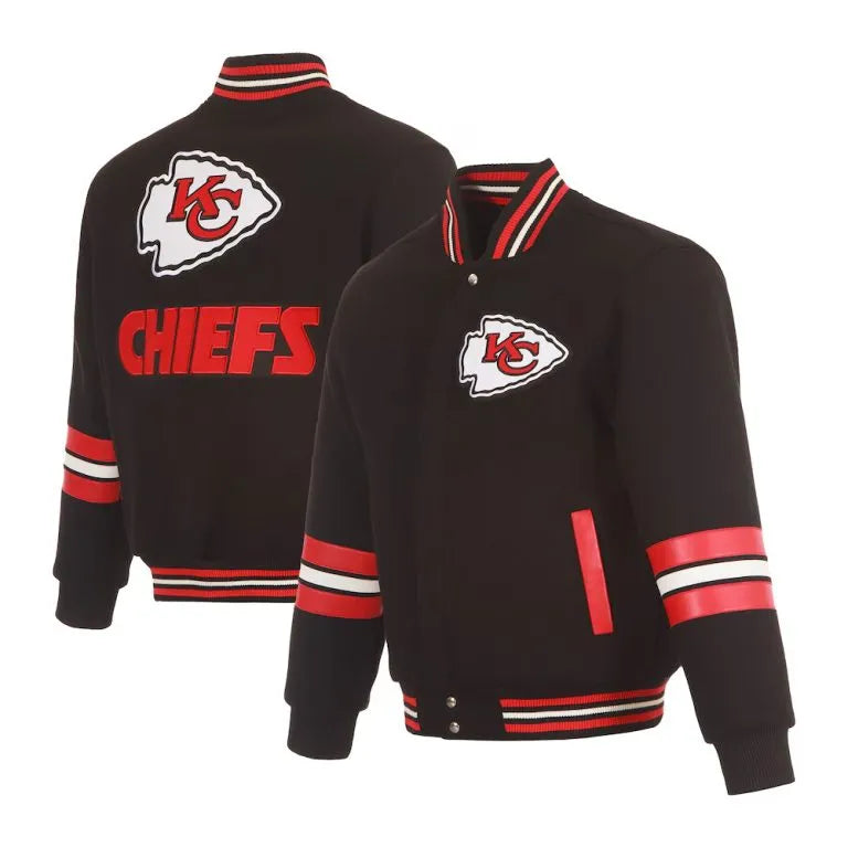 Kansas City Chiefs Striped All Black Wool Men's Varsity Letterman Jacket