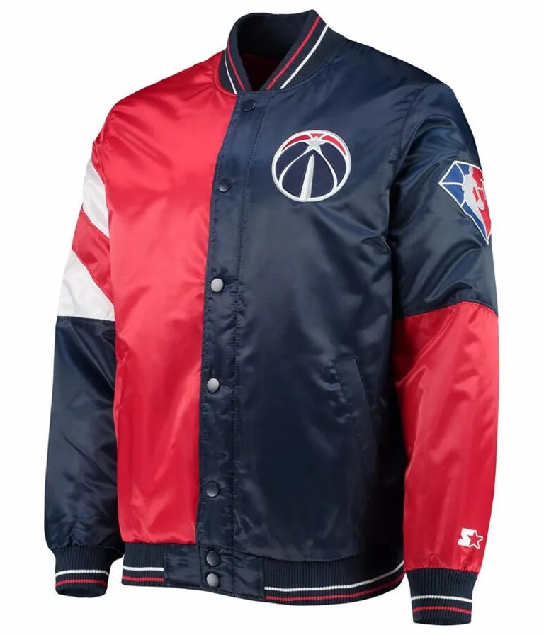 Washington Wizards 75th Anniversary Leader Full-Snap Varsity Navy Blue and Red Satin Men's Bomber Jacket