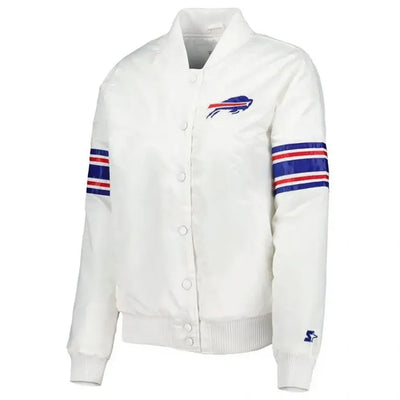 Buffalo Bills Line Up Full-Snap Varsity White Satin Men's Bomber Jacket