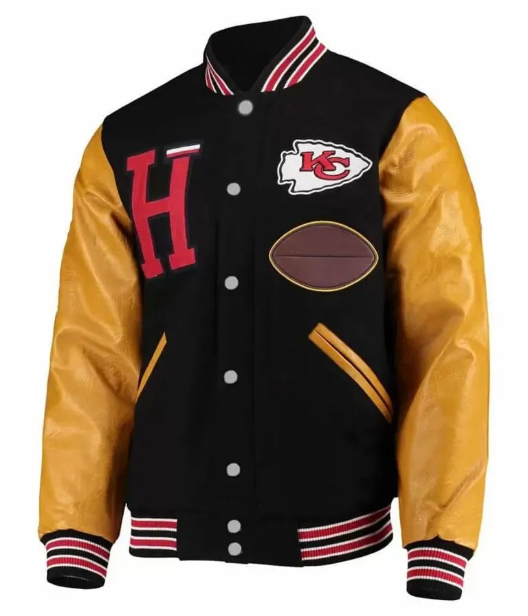 Kansas City Chiefs Black Wool and Gold Genuine Leather Sleeves Men's Varsity Letterman Jacket