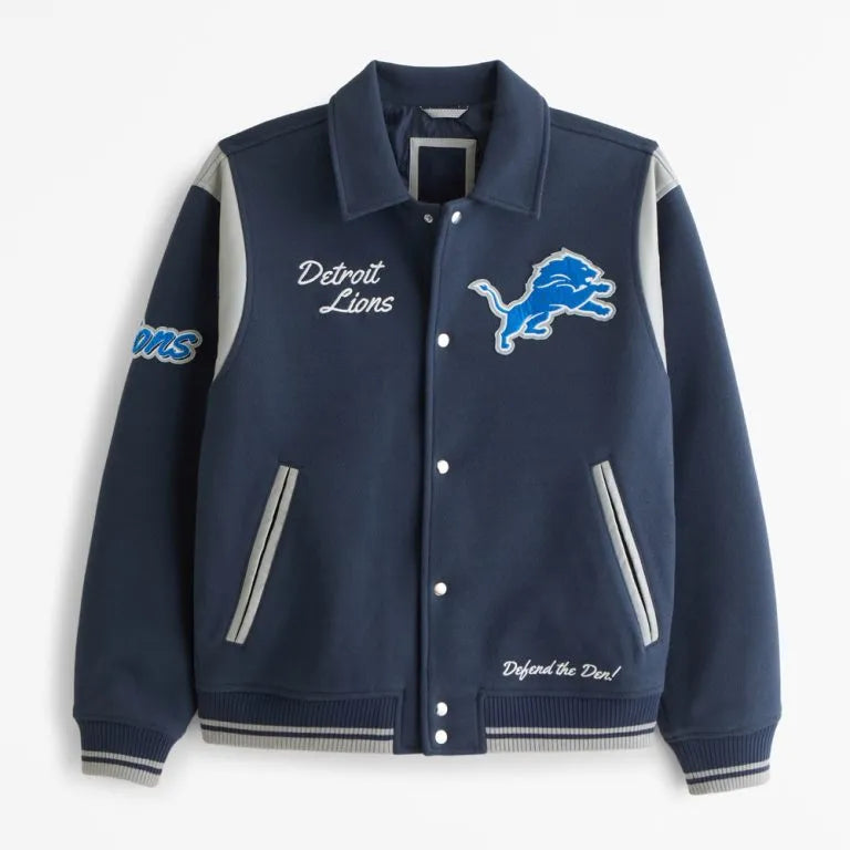 Detroit Lions Defend The Den All Wool Navy Blue Men's Varsity Jacket