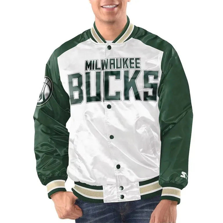 Milwaukee Bucks Renegade Full-Snap Varsity Hunter Green Satin Men's Bomber Jacket