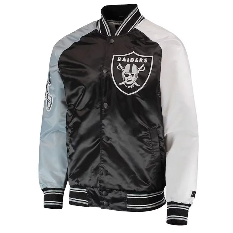 Los Angeles Raiders The Reliever Full-Snap Varsity Black Satin Men's Bomber Jacket